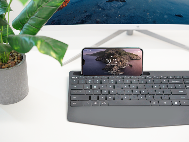 Wireless Keyboard and Mouse Combo with Phone Dock - Bluetooth, 2.4GHz, Ergonomic Wrist Rest