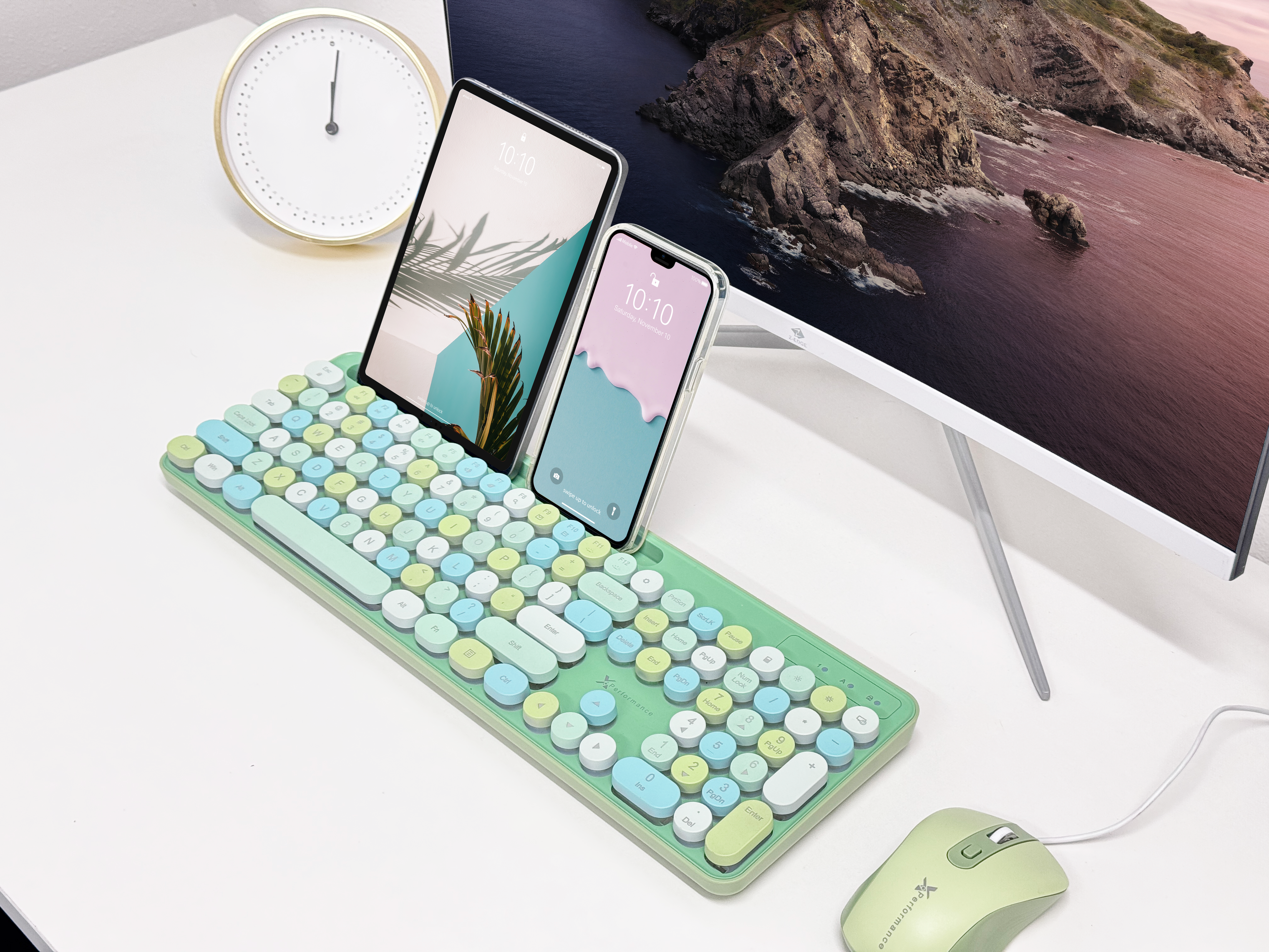 Retro Wired Keyboard and Mouse Combo - Typewriter Round Keys, USB Plug and Play, Matching Mouse