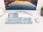 Retro Wired Keyboard and Mouse Combo - Typewriter Round Keys, USB Plug and Play, Matching Mouse