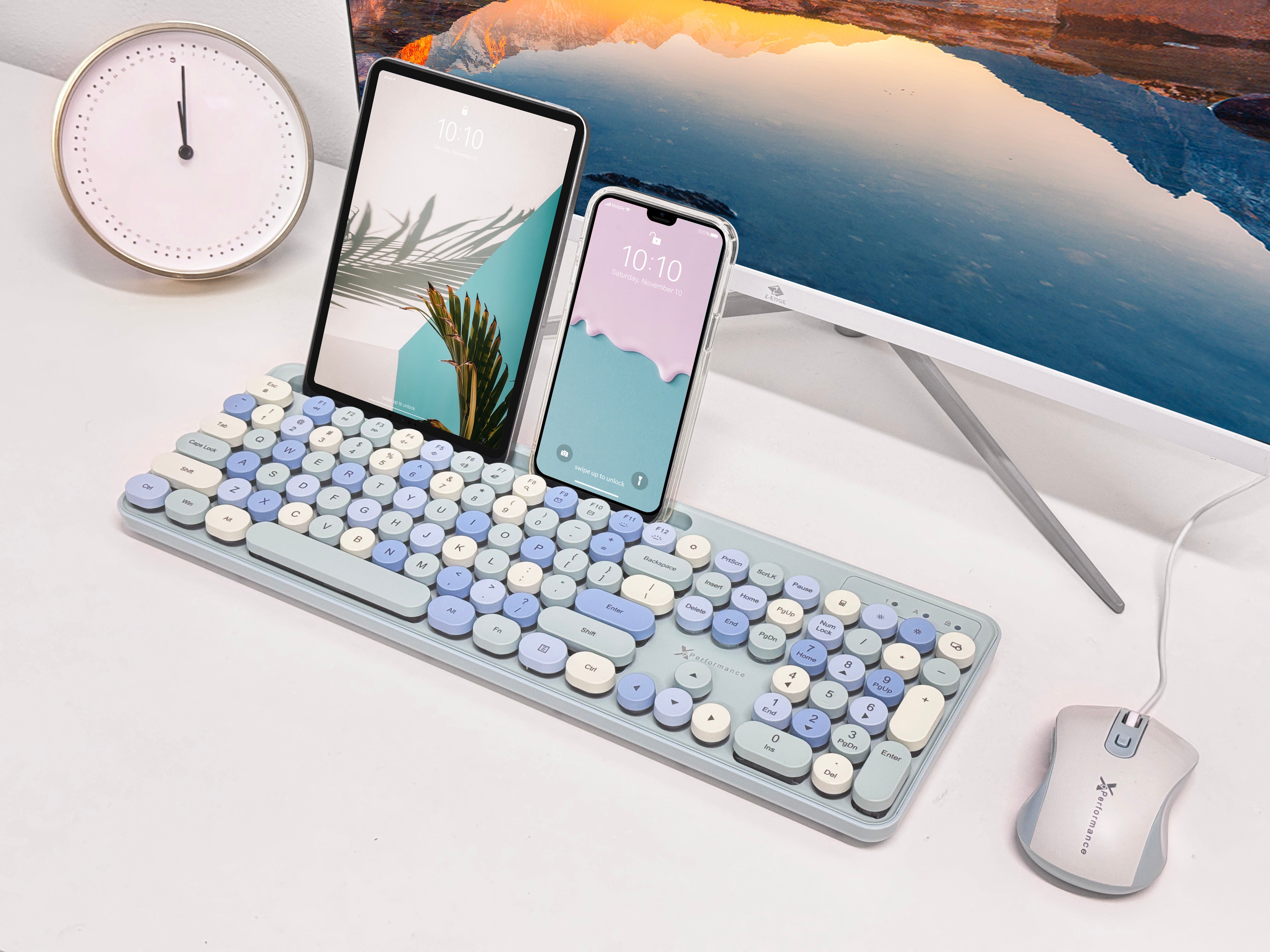 Retro Wired Keyboard and Mouse Combo - Typewriter Round Keys, USB Plug and Play, Matching Mouse