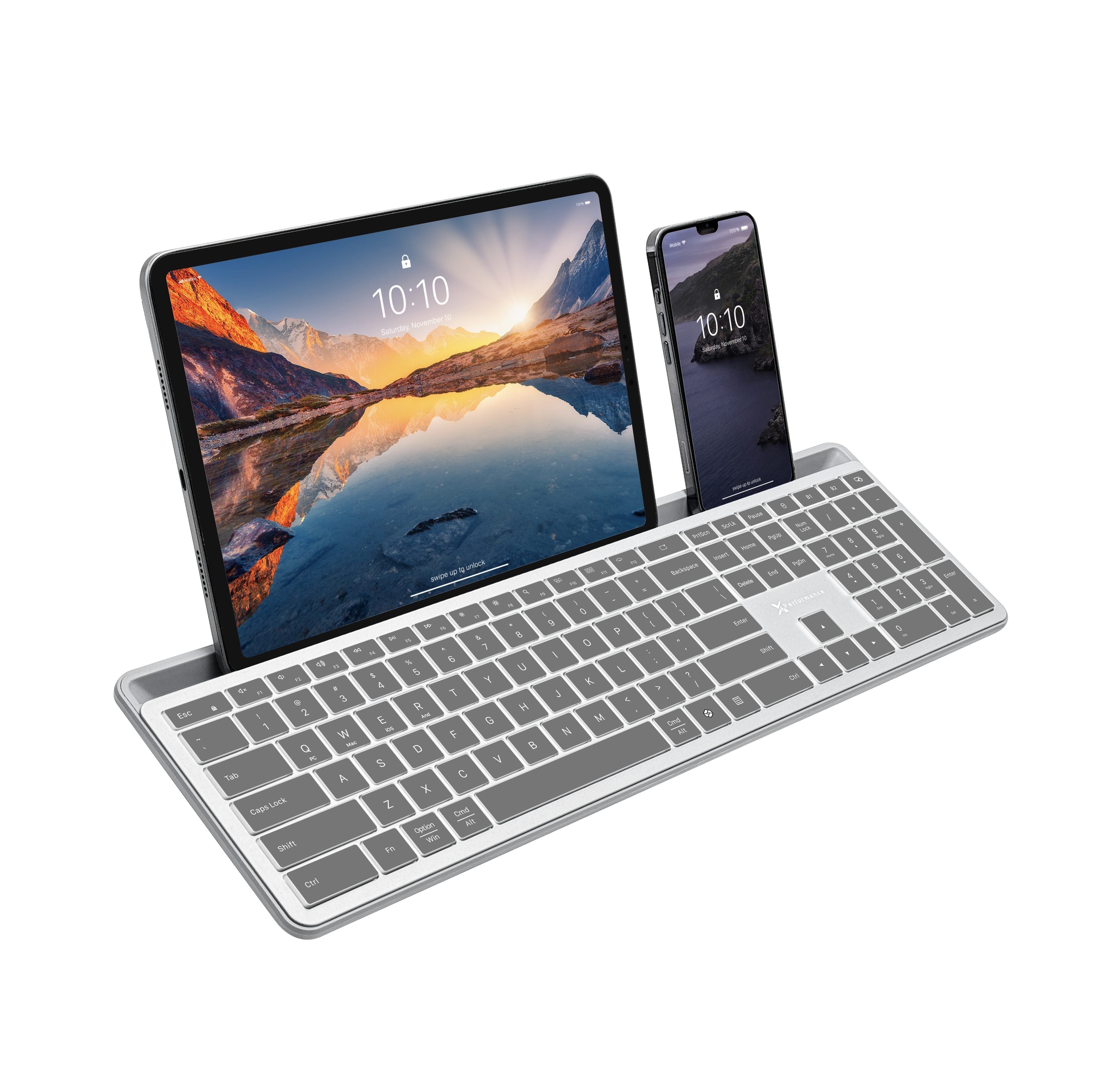 Bluetooth Keyboard with Extra-Long Phone Dock - Multi-Device, Rechargeable, Built-In Tablet Stand