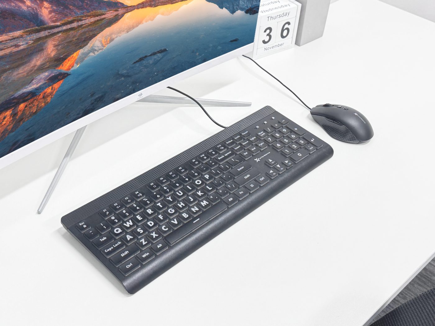Full workspace desk setup keyboard mouse monitor