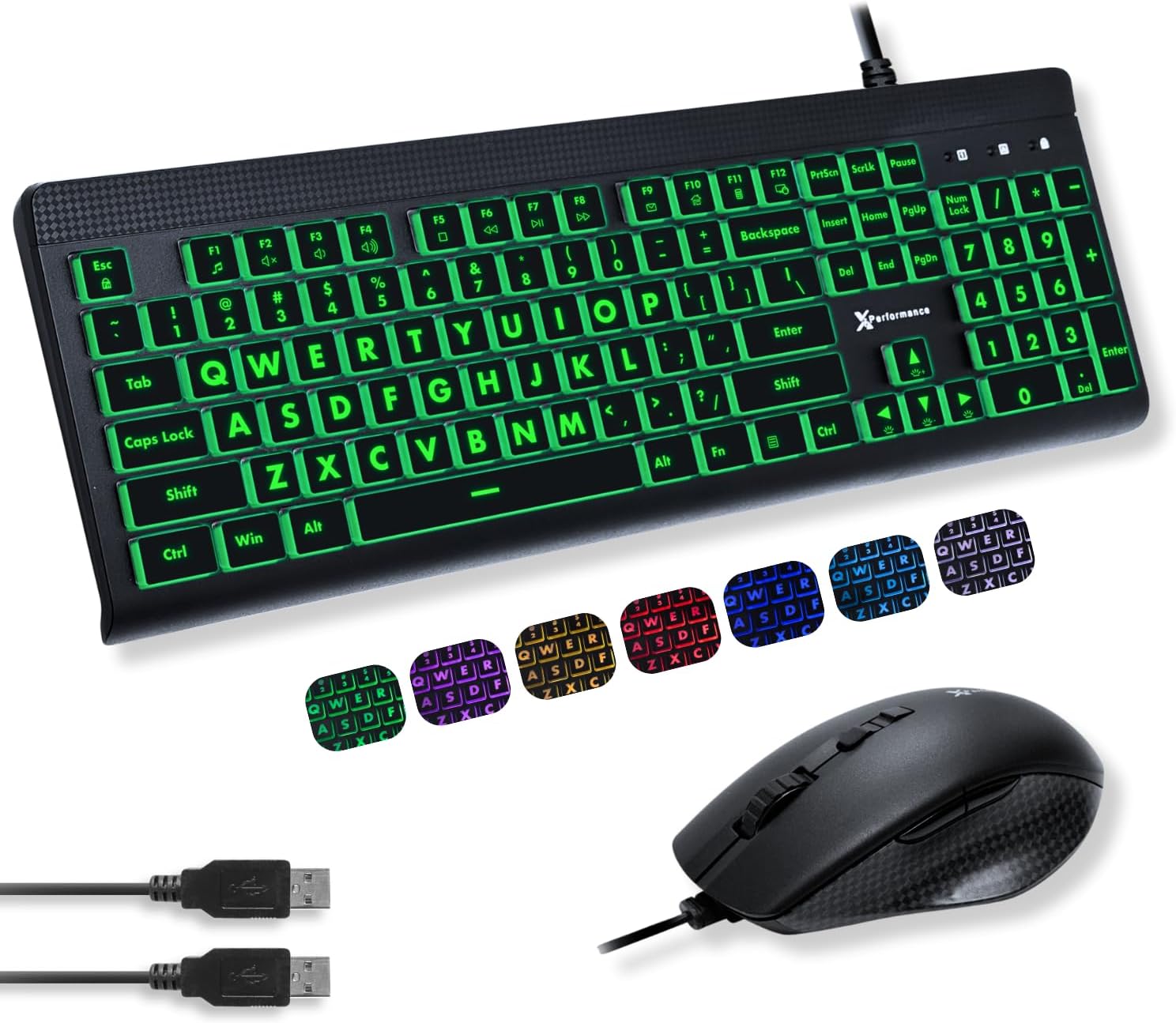 Large Print Backlit Keyboard and Mouse Combo - 7-Color LED, USB Wired, 4 DPI Mouse