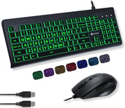 Large Print Backlit Keyboard and Mouse Combo - 7-Color LED, USB Wired, 4 DPI Mouse