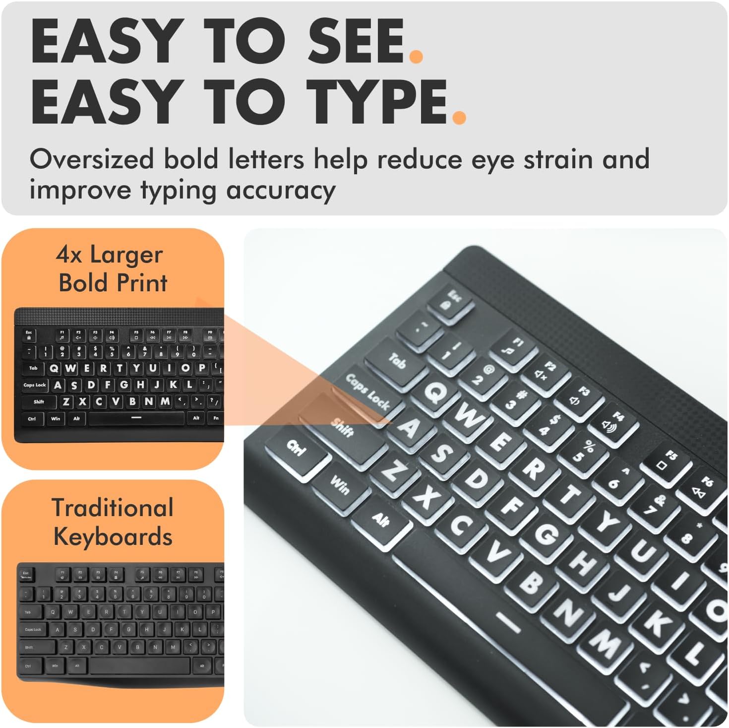 Large Print Backlit Keyboard and Mouse Combo - 7-Color LED, USB Wired, 4 DPI Mouse