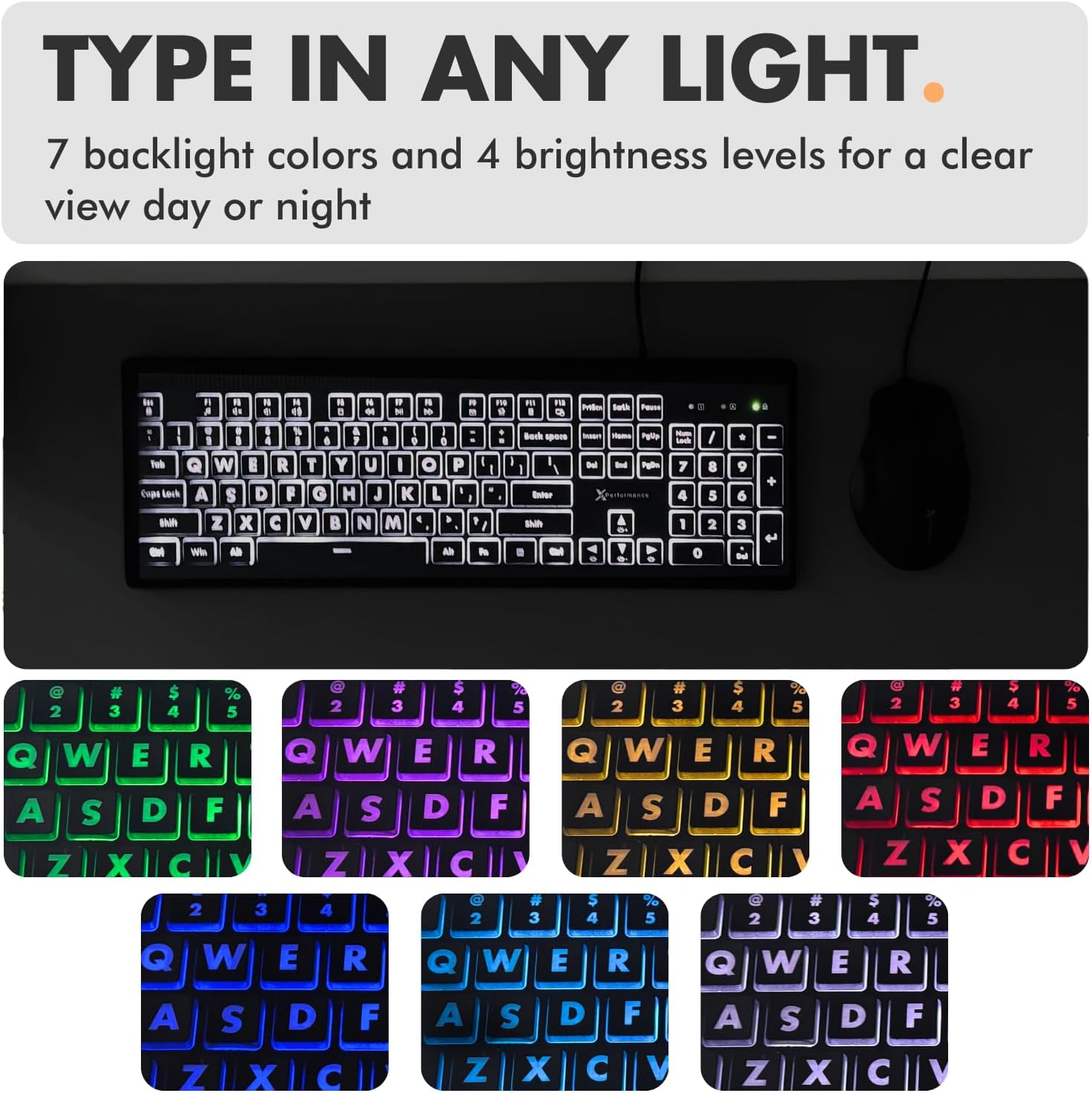 Large Print Backlit Keyboard and Mouse Combo - 7-Color LED, USB Wired, 4 DPI Mouse