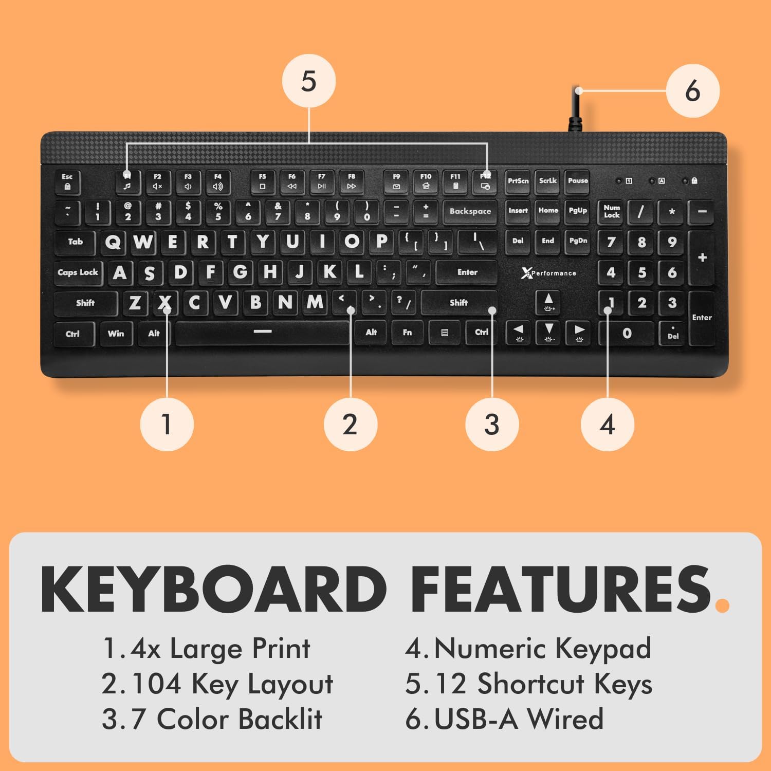 Large Print Backlit Keyboard and Mouse Combo - 7-Color LED, USB Wired, 4 DPI Mouse