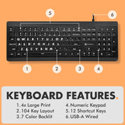 Large Print Backlit Keyboard and Mouse Combo - 7-Color LED, USB Wired, 4 DPI Mouse