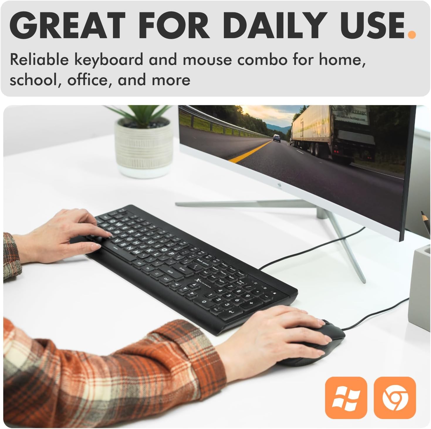 Large Print Backlit Keyboard and Mouse Combo - 7-Color LED, USB Wired, 4 DPI Mouse