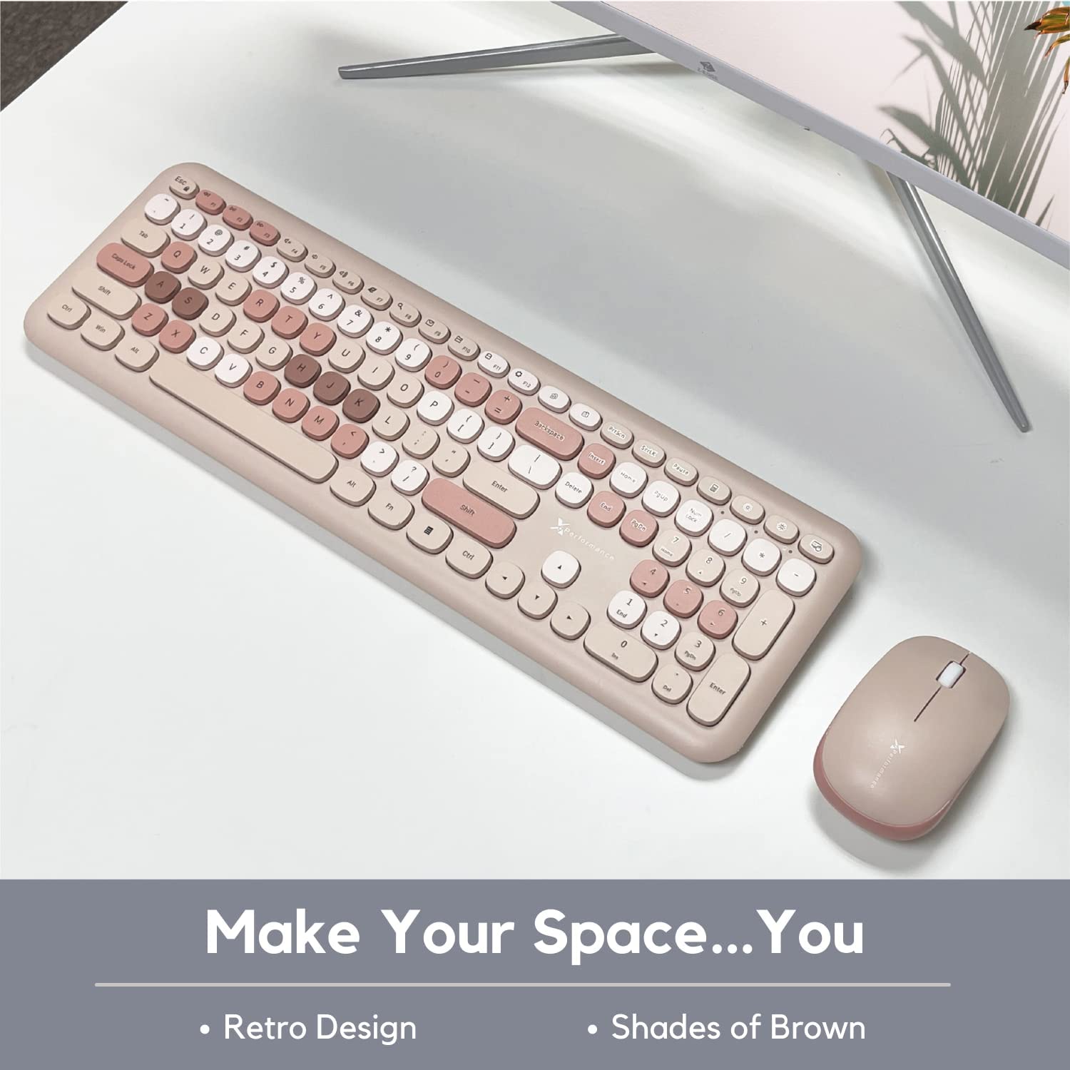 X9 Performance Colorful Keyboard and Mouse Combo - 2.4G Wireless Connectivity - Transform Your Space with a Cute Wireless Keyboard and Mouse Set (110 Keys and 18 Shortcuts) - for PC and Chrome - Brown