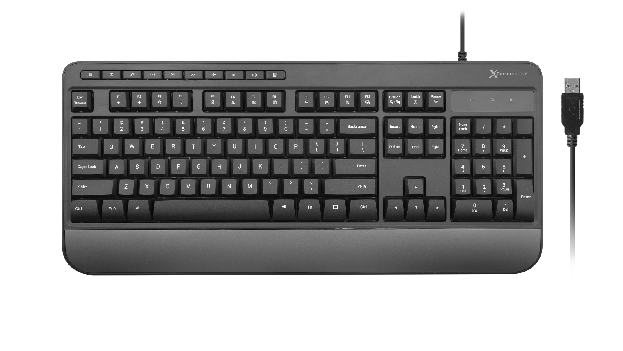 Multimedia USB Keyboard Wired - Take Control of Your Media - Full Size Keyboard with Wrist Rest and 114 Keys (10 Media and 14 Shortcut Keys)